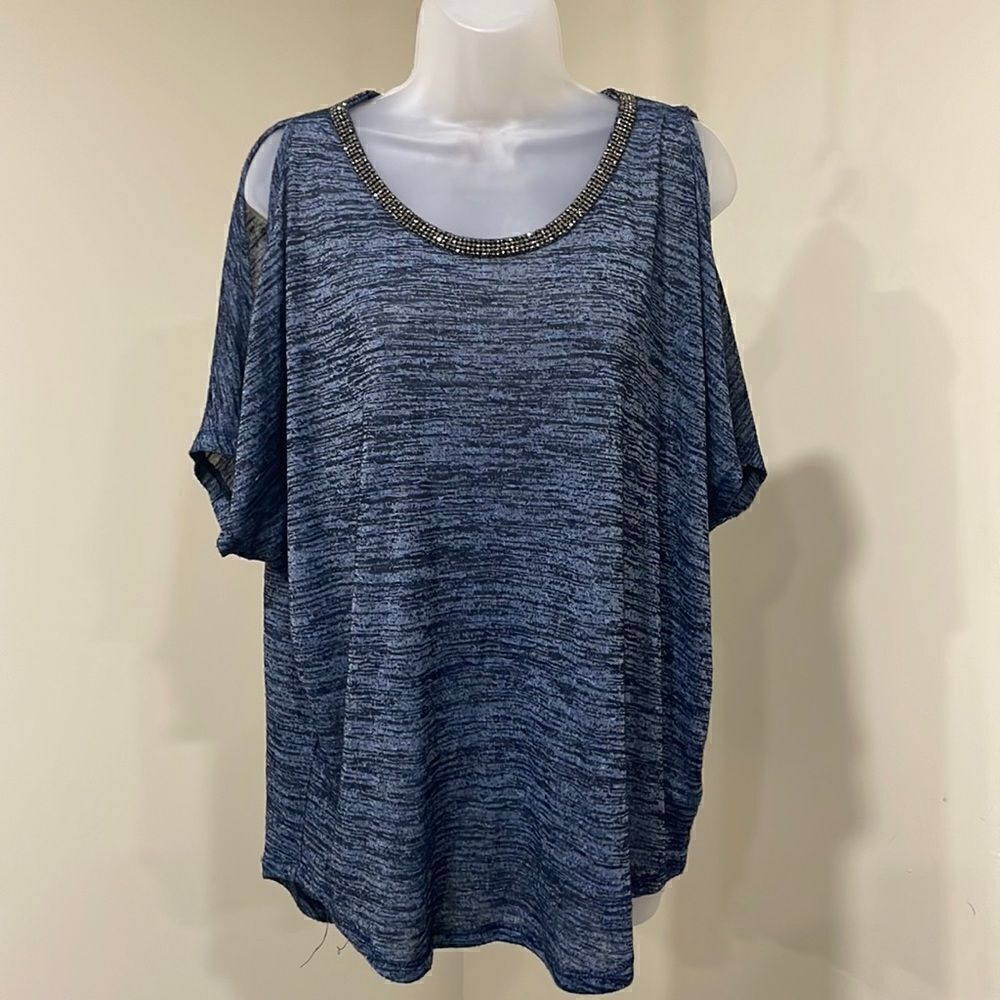 NWOT Juicy Couture Sparkly Beaded Blue Cold Shoulder Top. Size L large 12/14